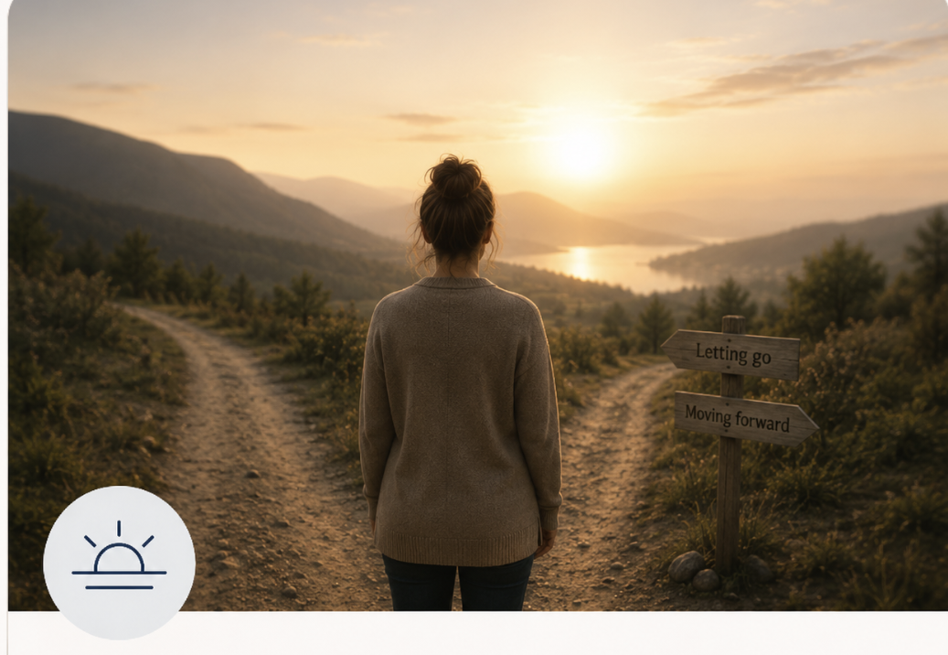 Woman standing at a crossroads on a path at sunset, representing letting go and moving forward through life transitions