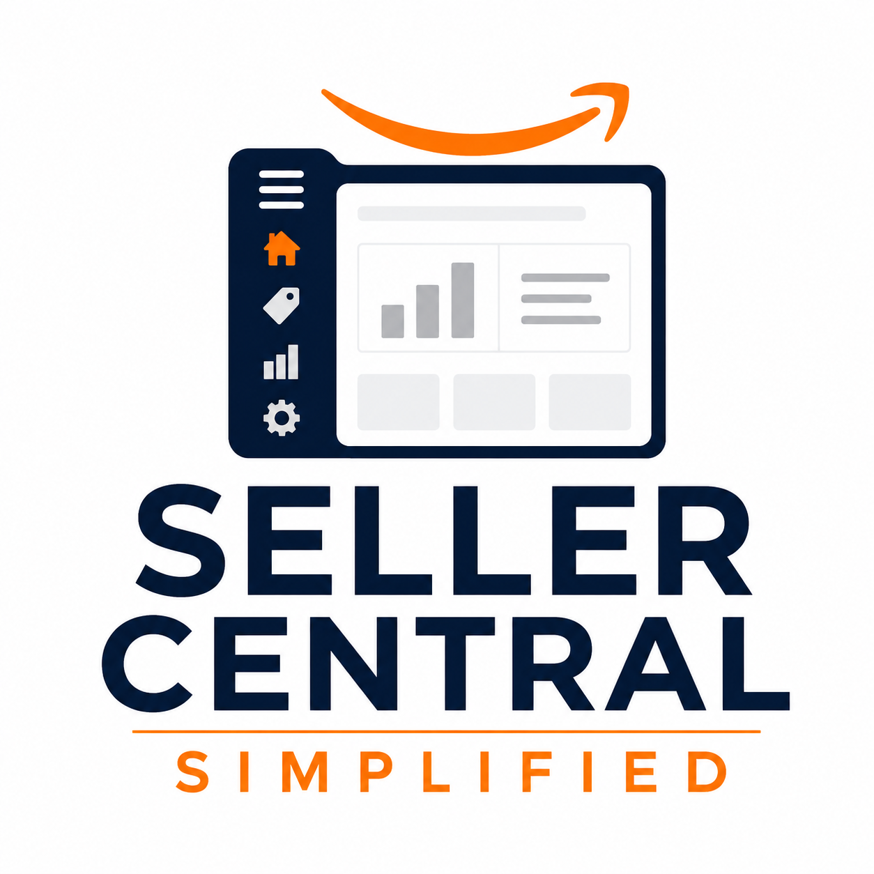 Logo for Seller Central, featuring a tablet with icons for home, tags, bar chart, and gear, and an orange arrow curved above it, with the words 'Seller Central Simplified' below.