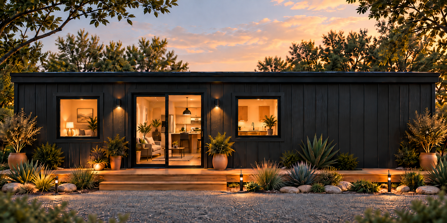 Dark-sided modern ADU glowing at dusk among trees