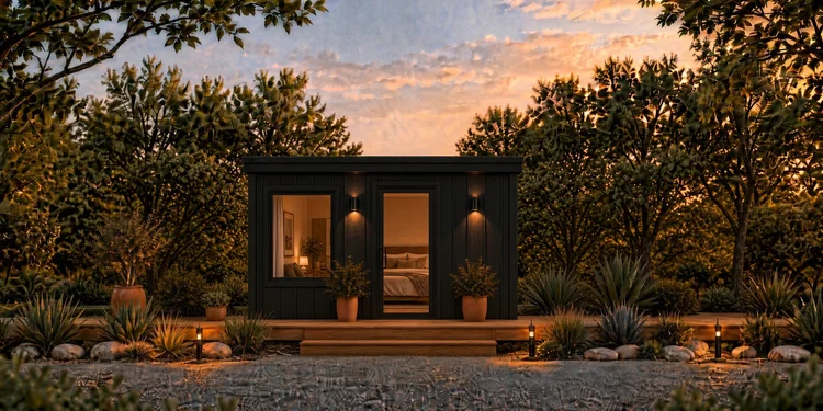 Backyard studio at dusk