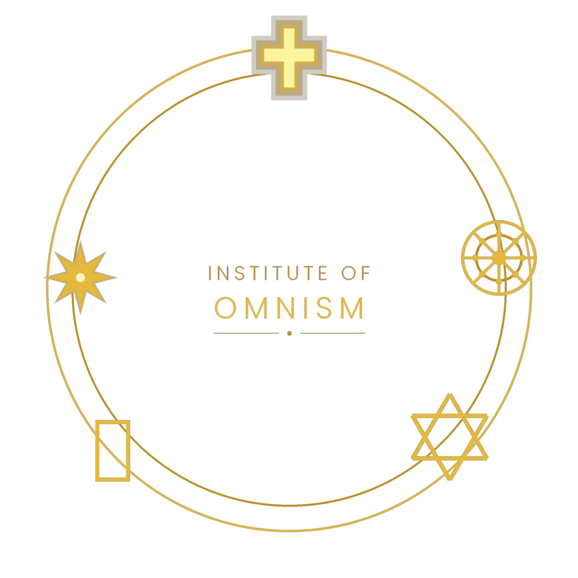 Institute of Omnism Logo, Graphic featuring a golden cross at the top, a gold and blue geometric design, and text that reads 'Institute of Omnism' with decorative elements including stars and geometric shapes.