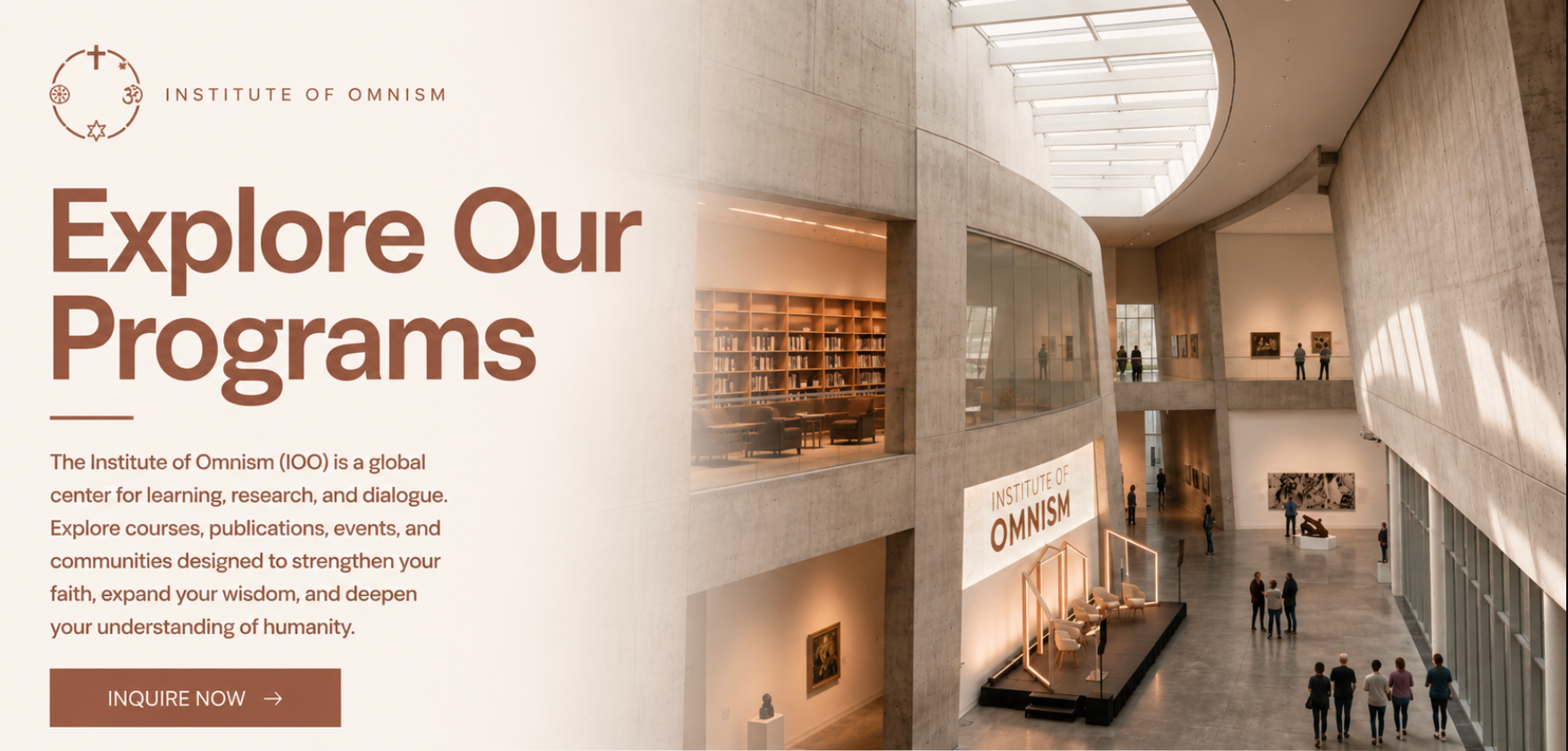 Interior view of a modern museum with multiple levels, sculptures, artworks, and visitors exploring the space during daylight.