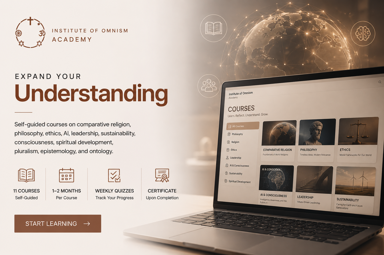 the Institute of Omnism Academy showcasing self-guided courses on religion, philosophy, ethics, AI, leadership, sustainability, consciousness, spiritual development, and more. The image features a computer screen displaying course categories, a globe with interconnected points, and icons representing different subjects.