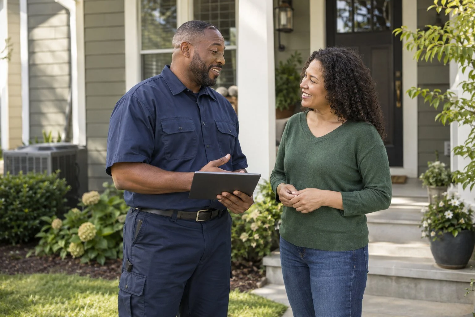 Service technician discussing a visit with a homeowner outside her house