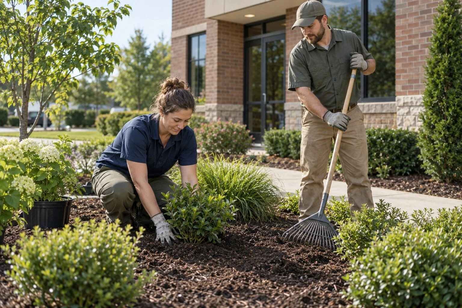 Two landscapers planting and tending a garden bed outside an office building