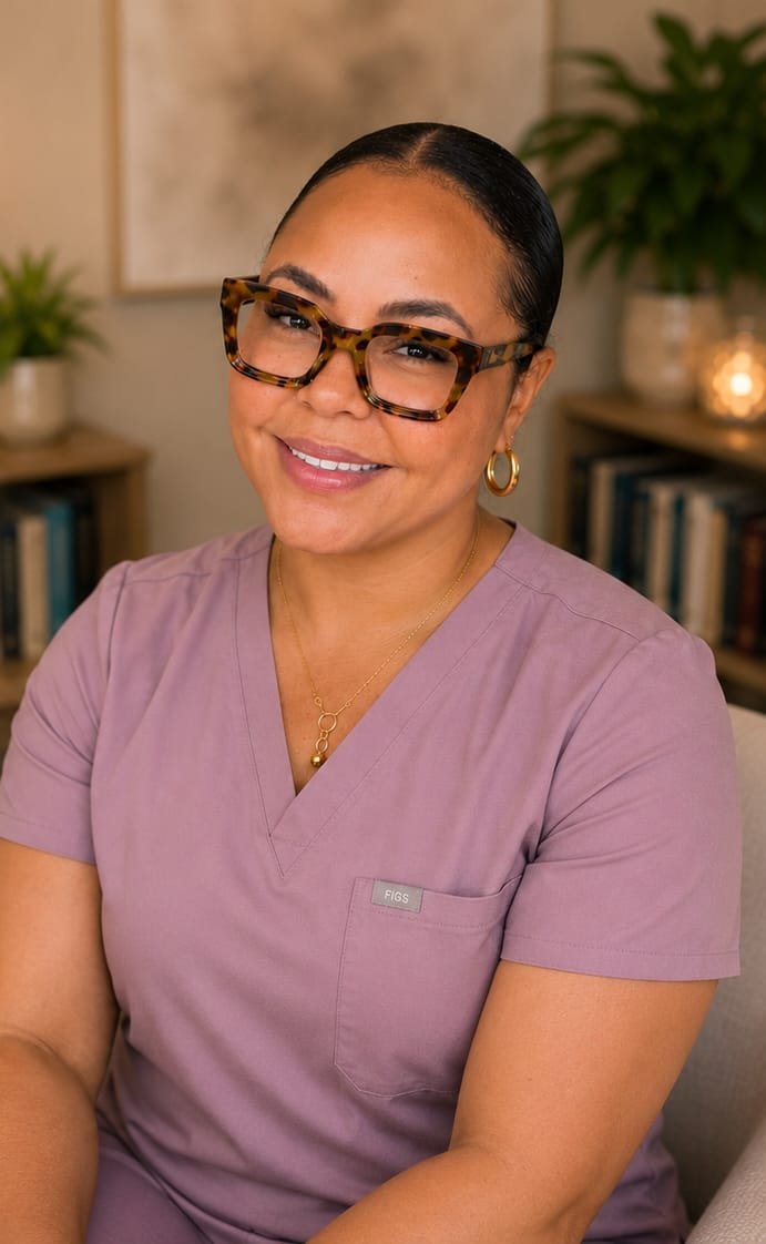 A woman with dark hair styled in a bun, wearing tortoiseshell glasses, gold jewelry, and purple scrubs, smiling at the camera in a cozy room with books and plants in the background.