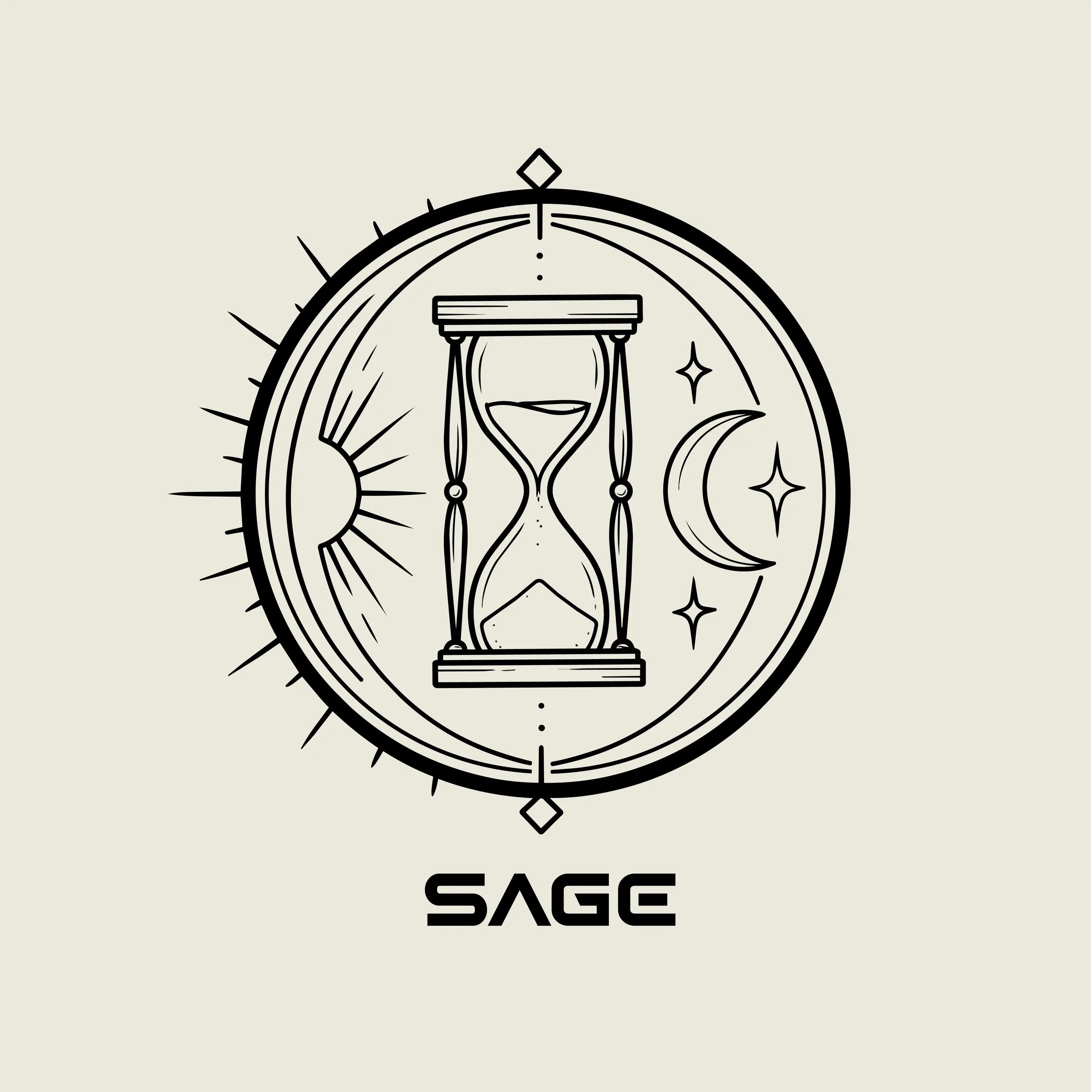 Line art logo of a clock with a simplified design, featuring an hour and minute hand, surrounded by small stars and a circular frame, with the word 'SAGE' below it.