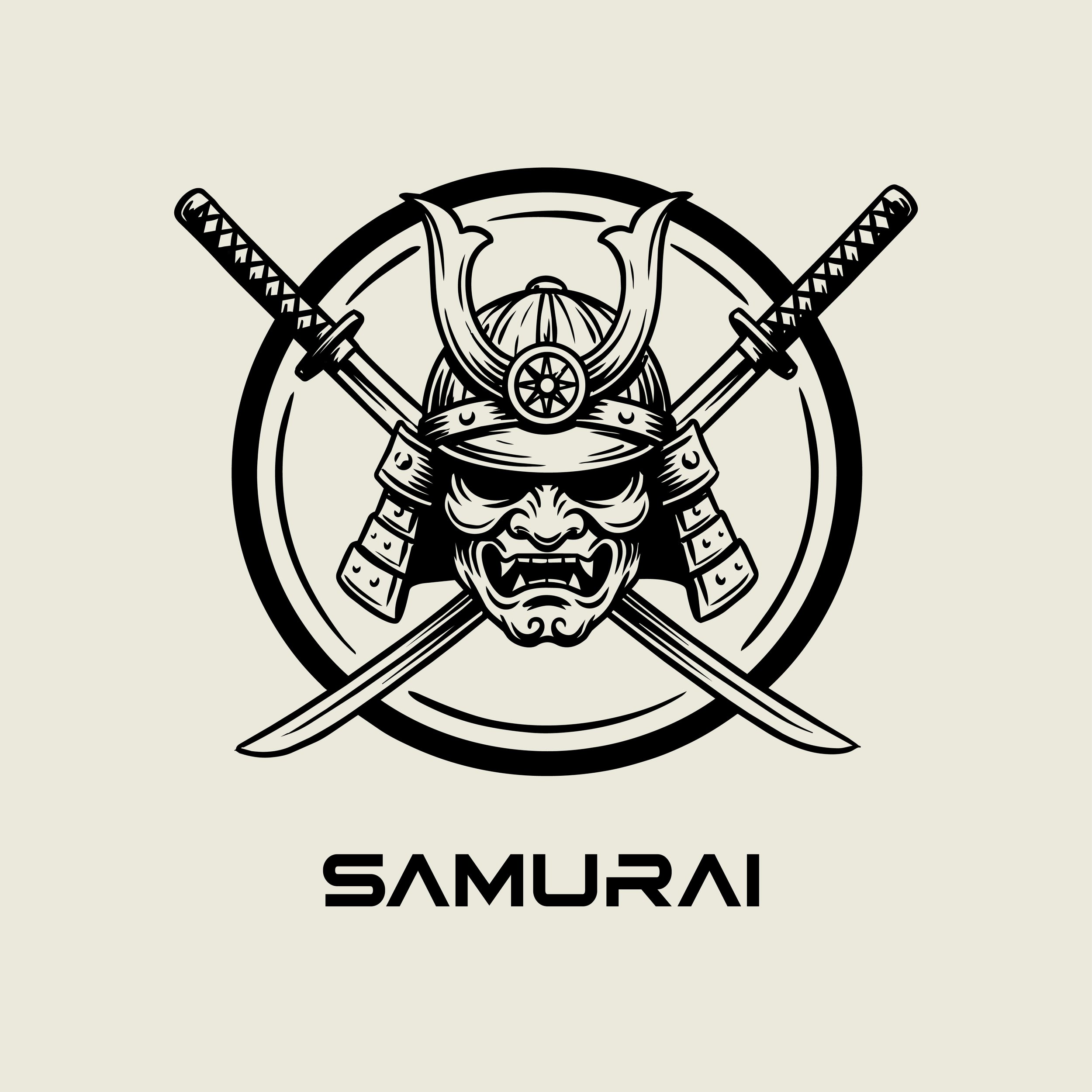 A black-and-white illustration of a samurai helmet with crossed swords behind it, encircled by a strap and bolt. Beneath the illustration, the word 'SAMURAI' is written in bold, uppercase letters.