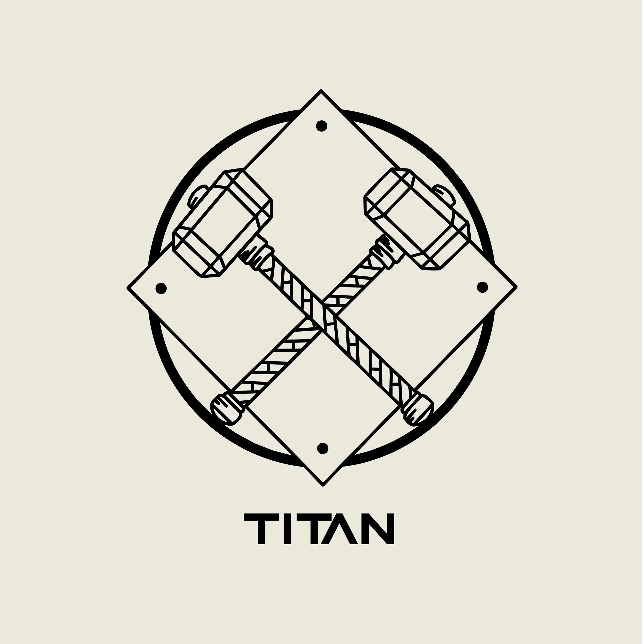Line drawing of a shield with two crossed hammers inside, surrounded by a circular border, with the word 'TITAN' below.