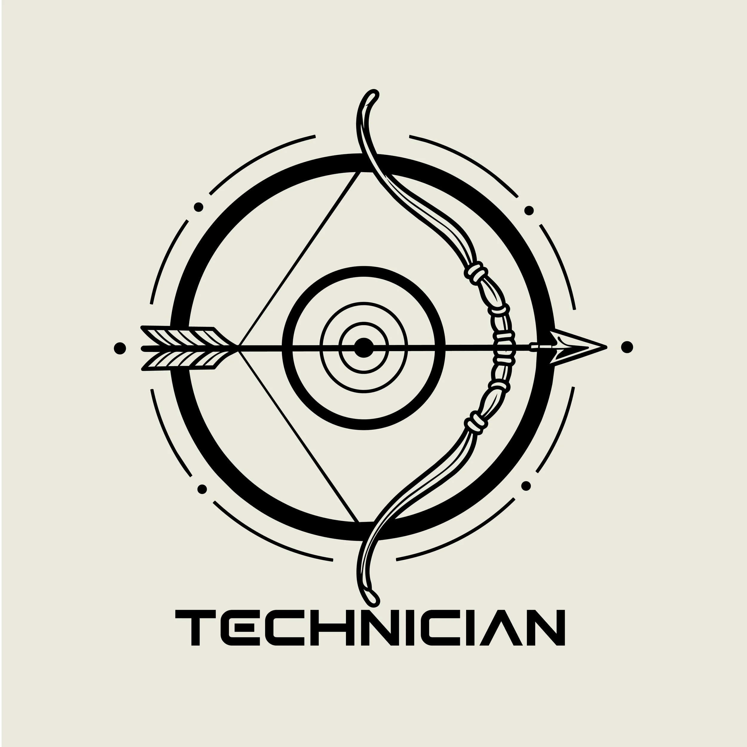 A black and white graphic featuring a target with darts and bows, and the words 'TECHNICIAN' included at the bottom.