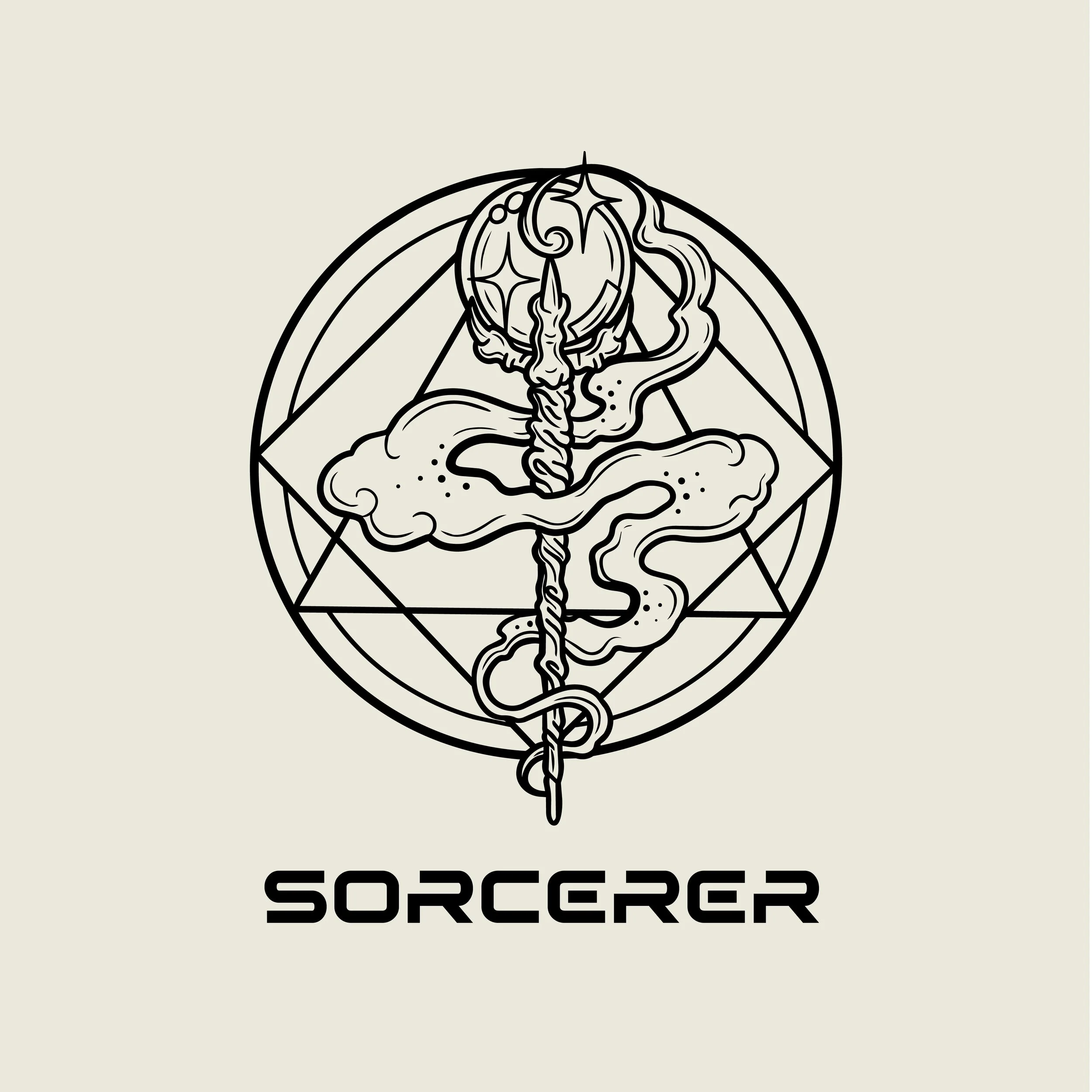 A black and white line art logo featuring a stylized dragon with wings, a long winding body, and a pointed tail, encased within a geometric shape. Below the logo, the word 'SORCERER' is written in bold, black, capital letters.