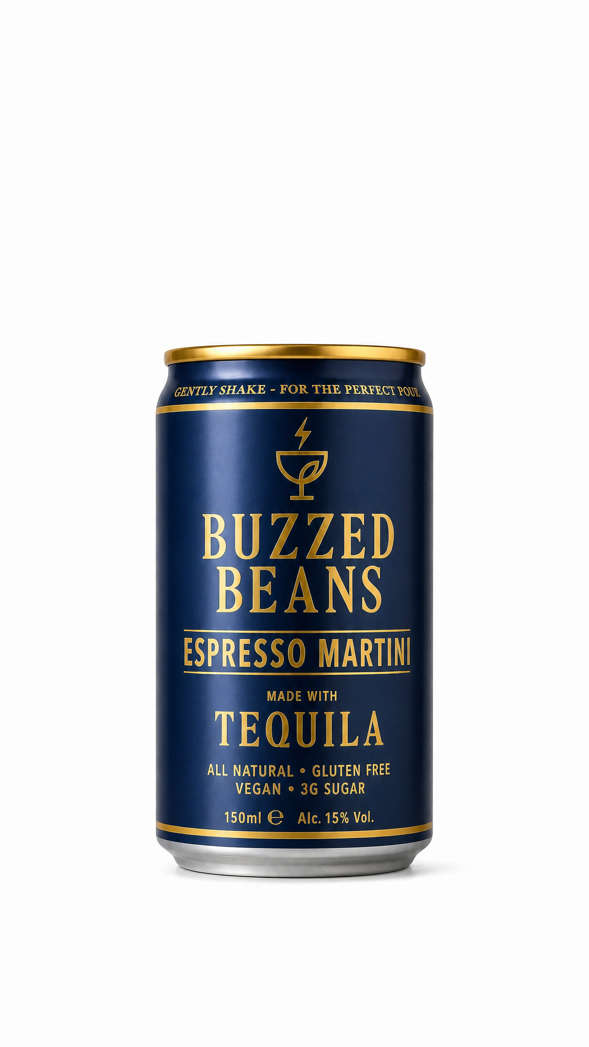 A blue canned beverage labeled Buzzed Beans Tequila Espresso Martini made with tequila, containing 125 milliliters, 15% alcohol, gluten-free, vegan, with 3 grams of sugar.