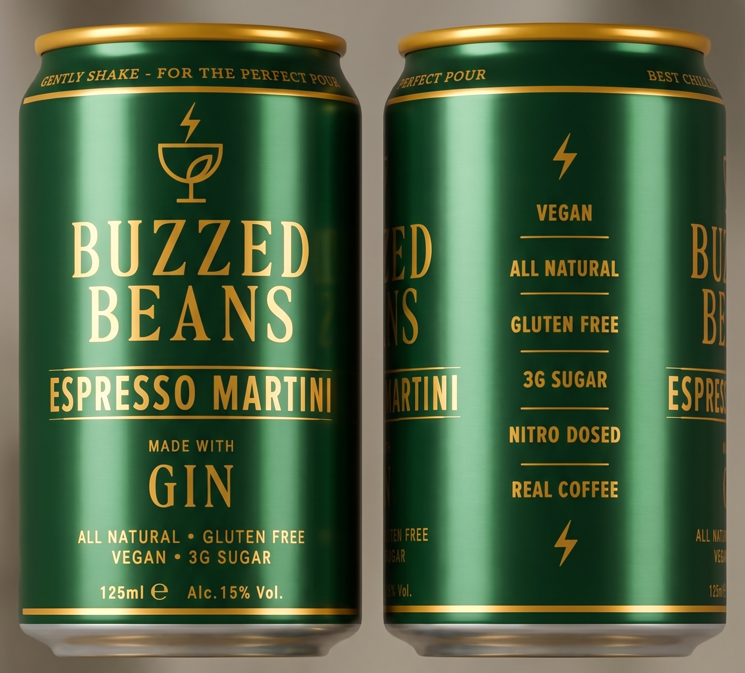 Two green cans of Buzzed Beans Espresso Martini, a vegan, all-natural, gluten-free coffee drink made with gin, featuring text about ingredients and product features.
