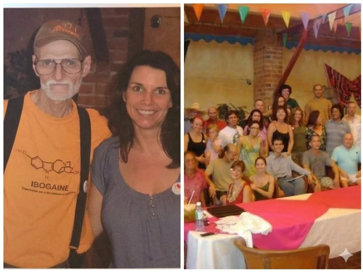 Group of people gathered for a celebration or event, with some smiling and posing for the camera. The setting appears to be indoors with colorful decorations, including bunting and a table with a pink and white tablecloth.