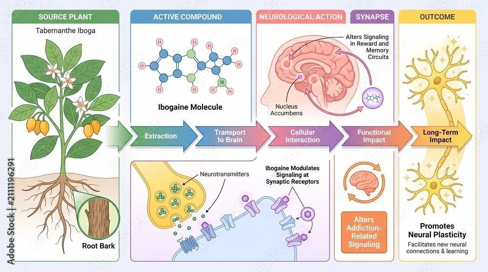 Diagram showing how Tabernanthe Iboga, a source plant, produces an Ibogaine Molecule that is transported to the brain, inducing cellular interaction that alters signaling at synaptic receptors. This process impacts neural health, promotes neural plasticity, and has long-term effects beneficial for learning, memory, and addiction treatment.