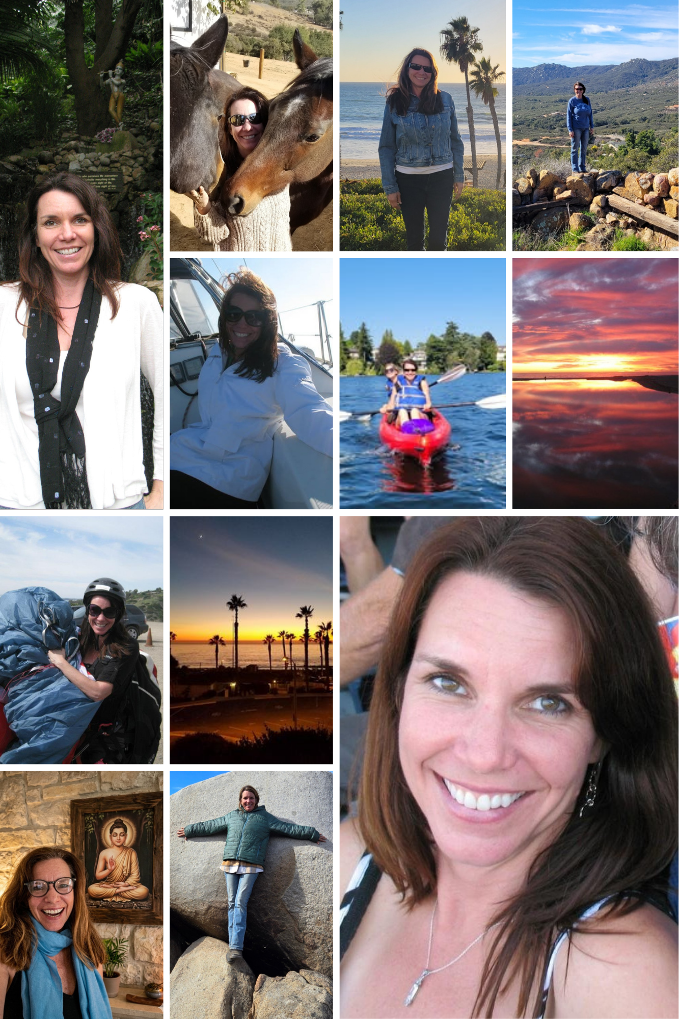 Collage of a woman in various outdoor settings, including a tropical garden, horseback riding, at a beach, on a boat, kayaking, and a sunset, with some images of her smiling and posing.