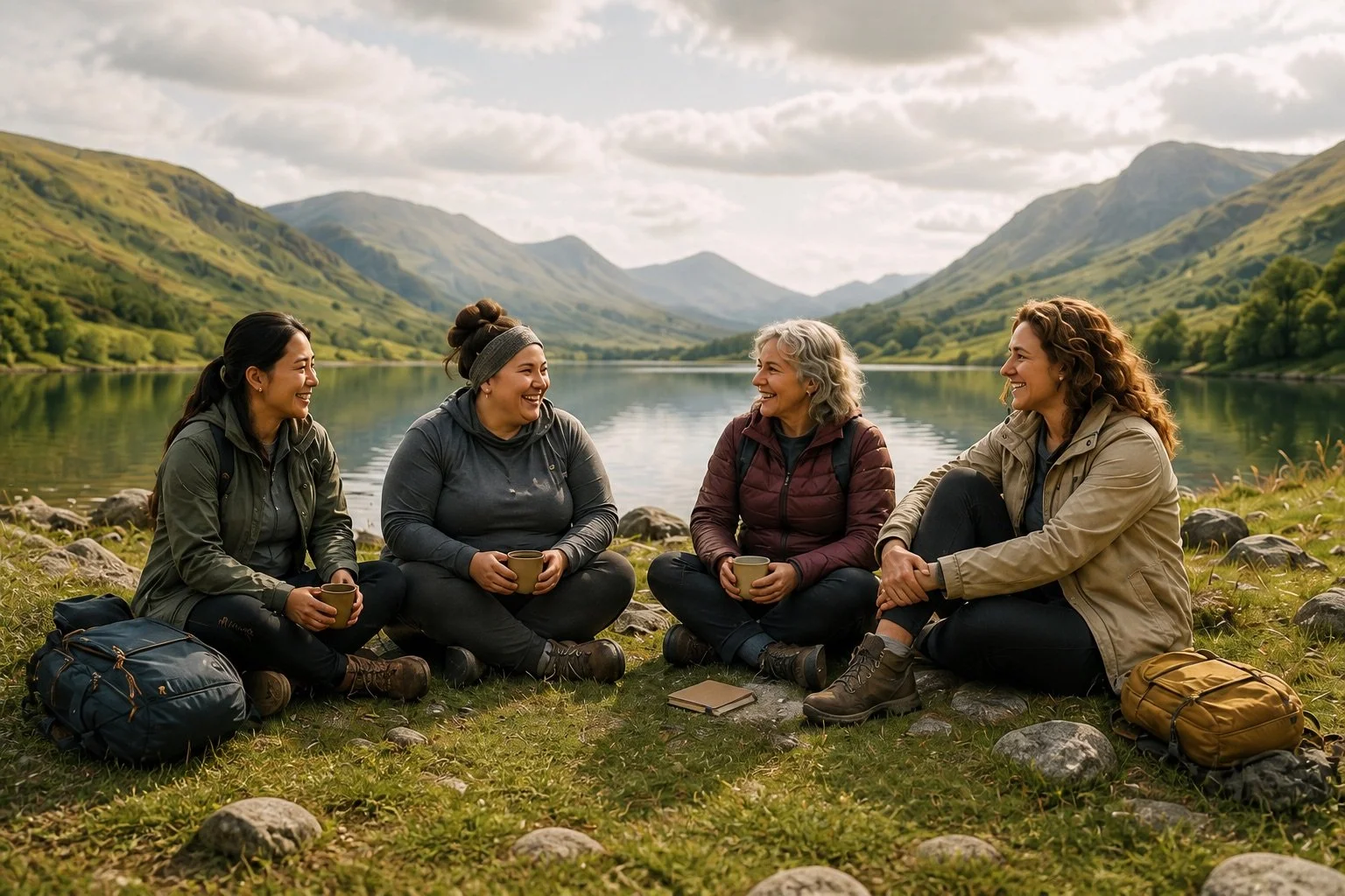 Four women sitting on the grass by a lake in a mountainous area, smiling and talking, with backpacks and a notebook nearby.
