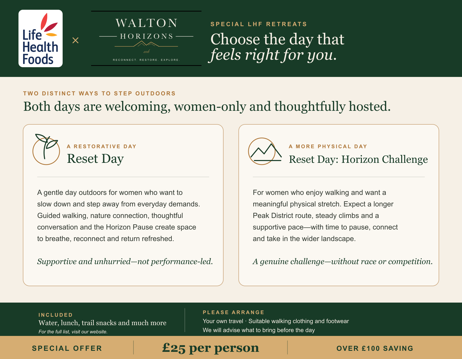 A promotional webpage for women's outdoor retreat events with logos, text, and icons related to outdoor activities, emphasizing support, natural connection, and physical challenge.