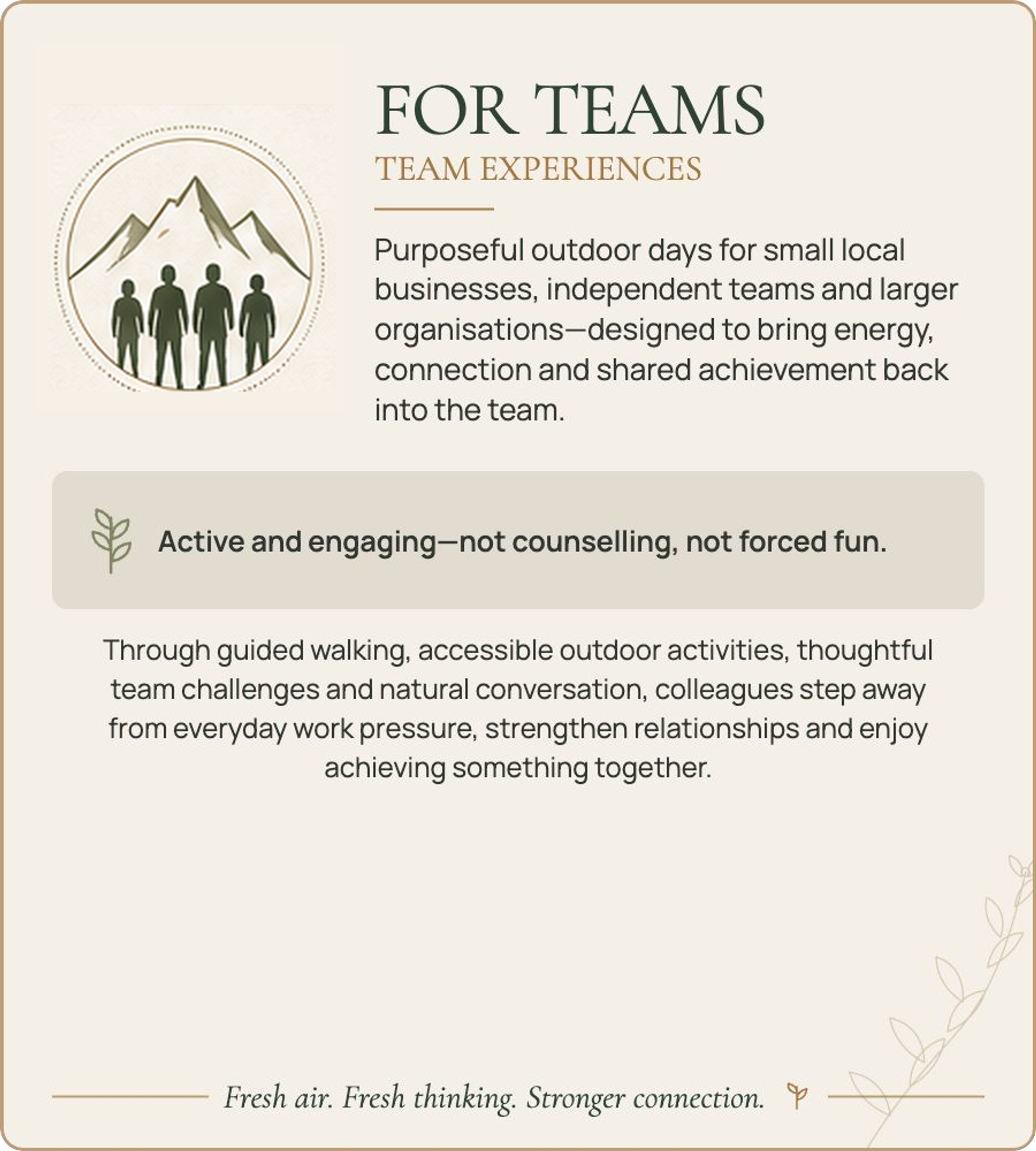 A promotional graphic highlighting team experiences and outdoor activities designed for small local businesses, independent teams, and larger organizations, emphasizing energy, connection, and shared achievement.