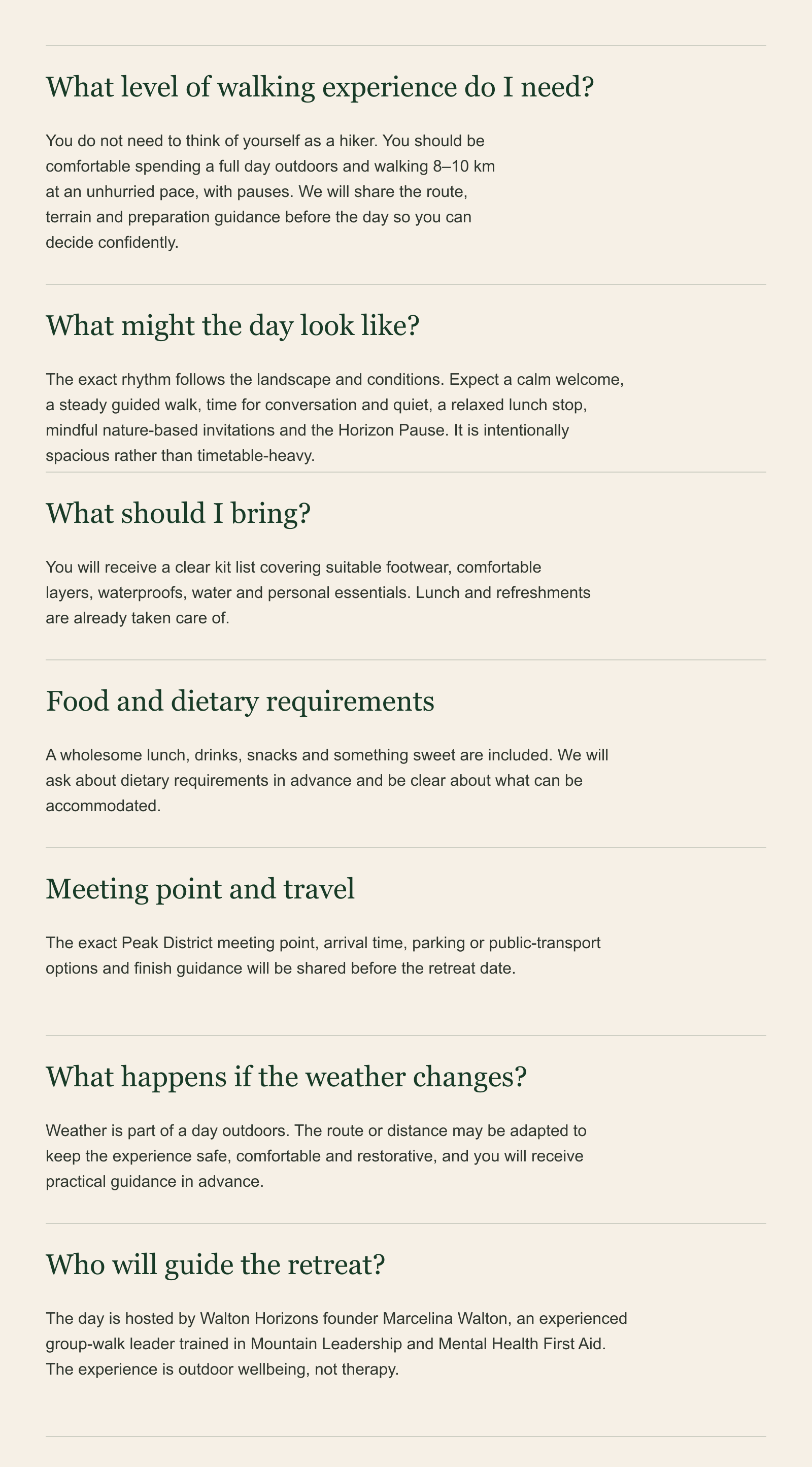 A webpage with a beige background containing text about planning a hiking or outdoor walking retreat, covering topics like experience level, day expectations, preparations, and guide information.