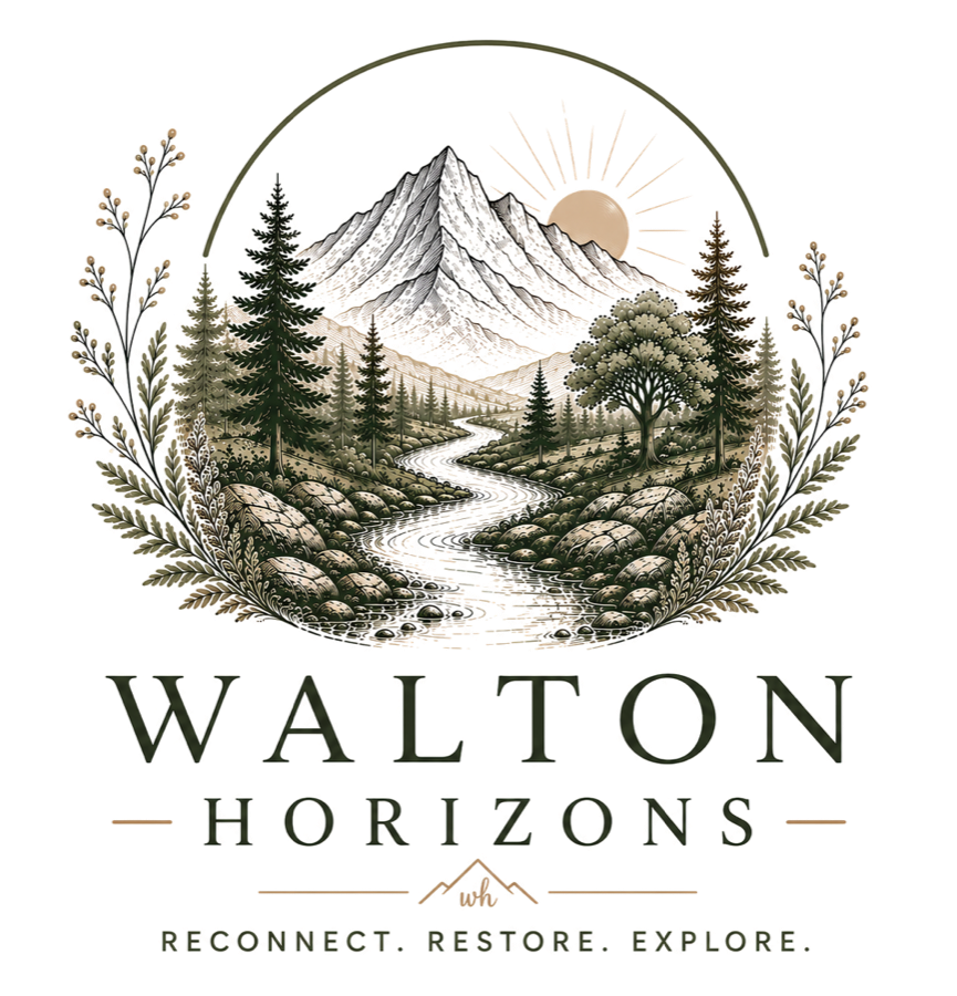 A scenic mountain landscape with a river flowing through trees, a setting or rising sun, and surrounded by decorative foliage, with the text "Walton Horizons" and the tagline "Reconnect. Restore. Explore." underneath.