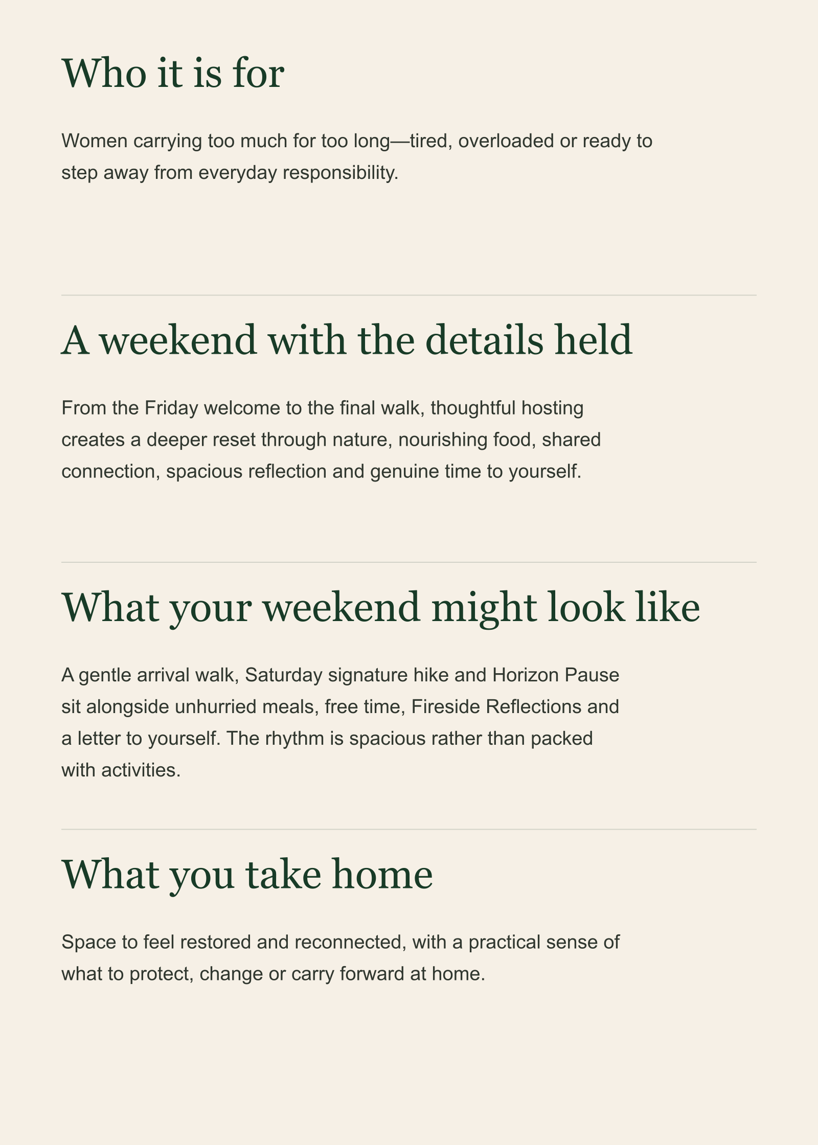 A webpage with a beige background and green text discussing weekend activities, including topics like responsibilities, nature walks, and personal reflection.