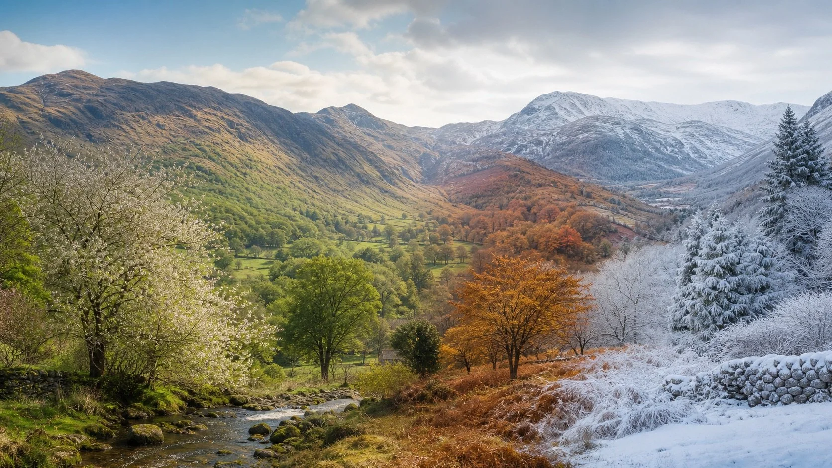 A landscape of a valley with a river, green trees, and mountains. One side shows lush greenery and blooming trees, while the opposite side is covered in snow with frosted trees and snow-covered rocks.