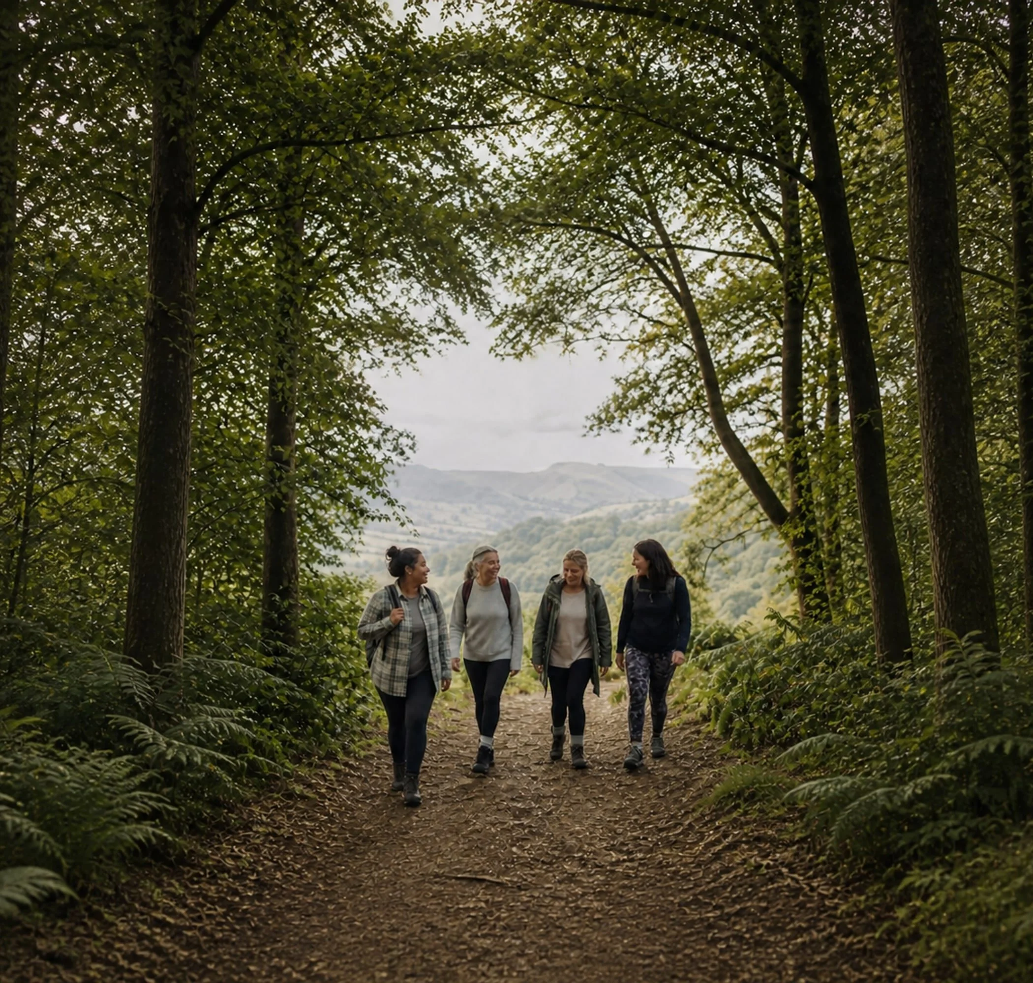 Four women hiking on a trail through a lush forest, seen from below with trees arching overhead and a mountain in the background.