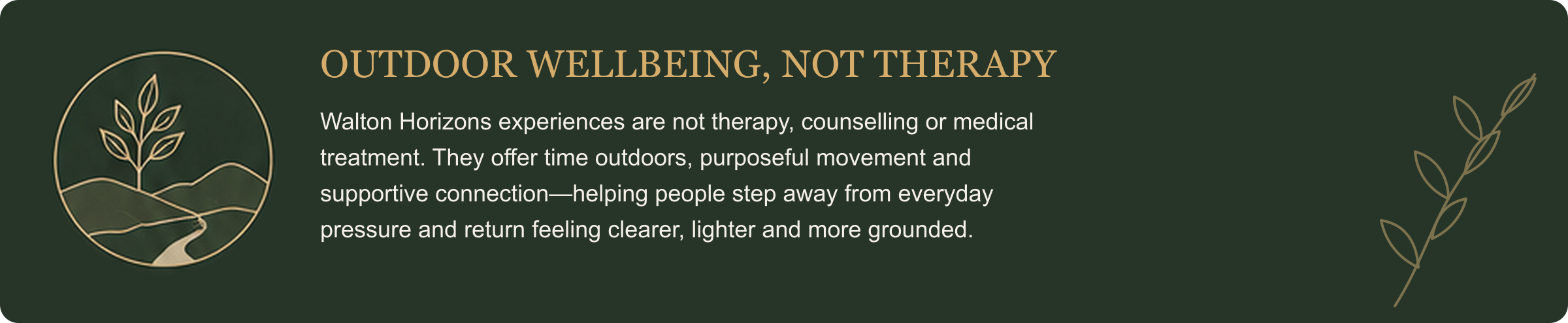 Green promotional banner for outdoor wellbeing experiences with a logo of a tree and a trail, and decorative leaves.