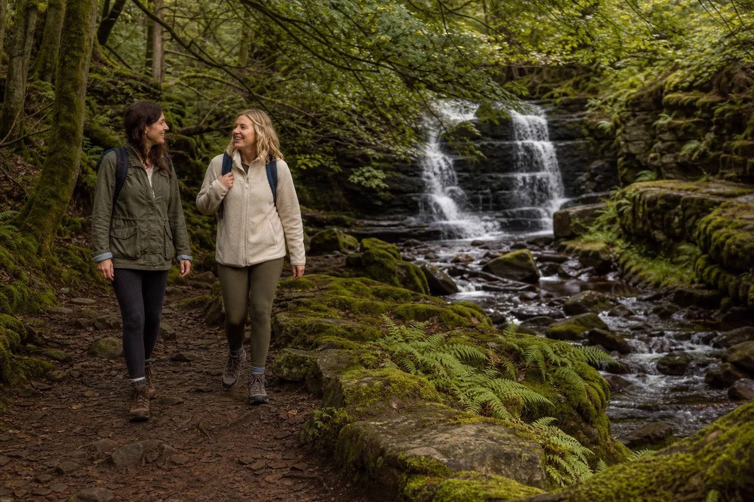 Two women hiking and talking on a trail in a forest near a flowing waterfall.