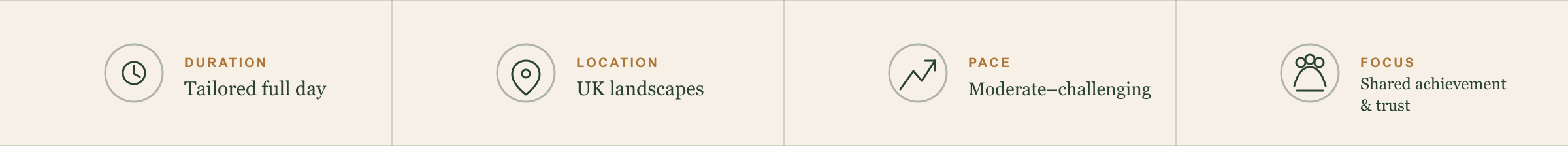 A banner with four sections, each with icons and text describing a full-day tailored UK landscape activity, with moderate-challenging pace, focusing on shared achievement and trust.