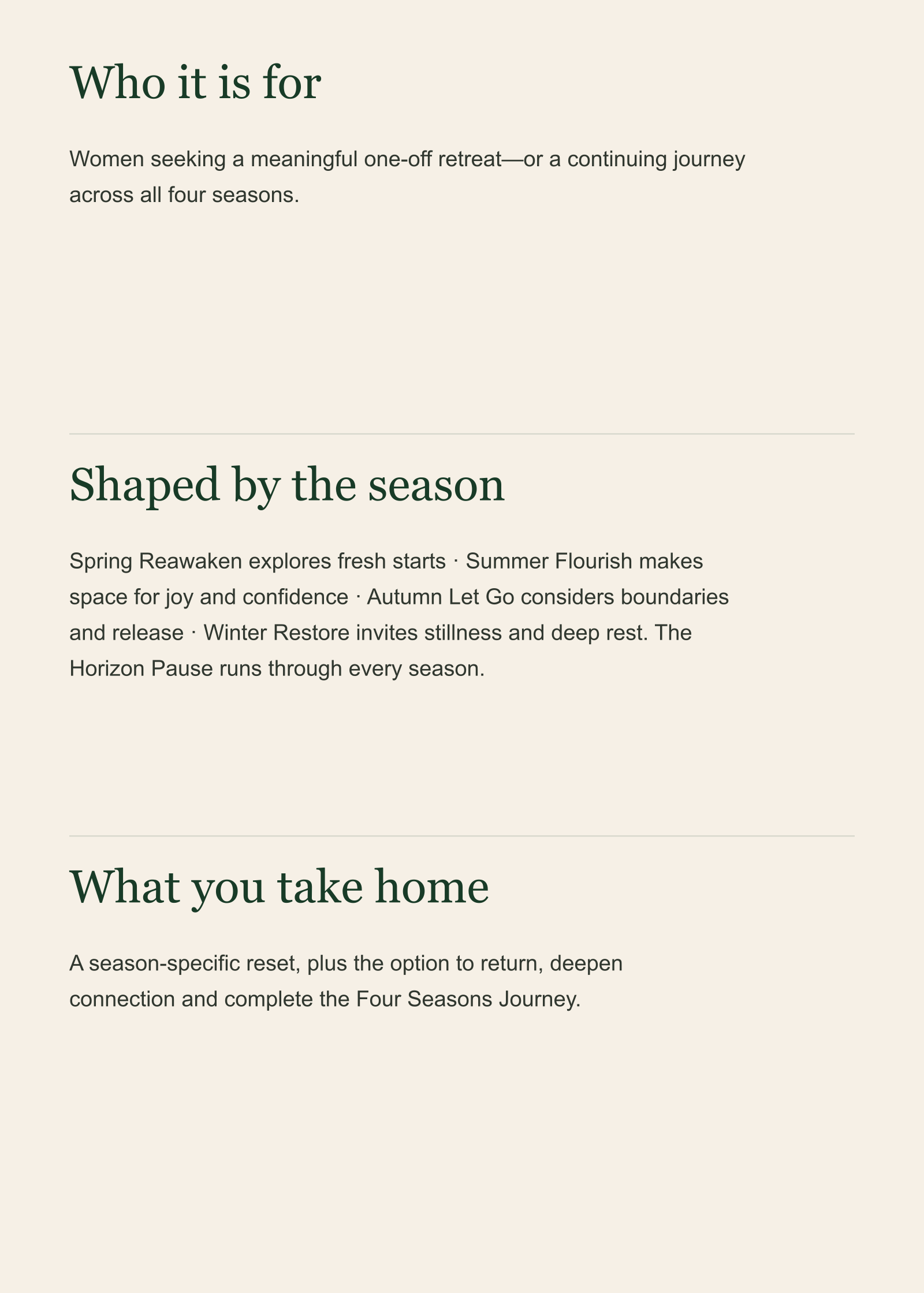 A webpage with sections discussing seasons, retreats, and personal growth, featuring headings in green text on a light beige background.