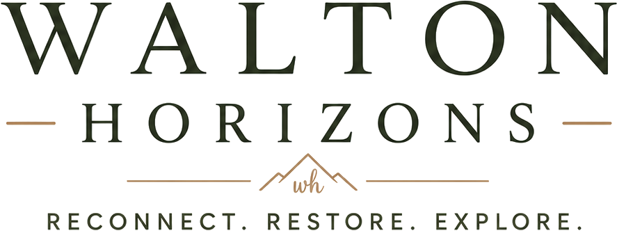 Text reading 'Walton Horizons' with additional words 'Reconnect, Restore, Explore' and decorative lines.