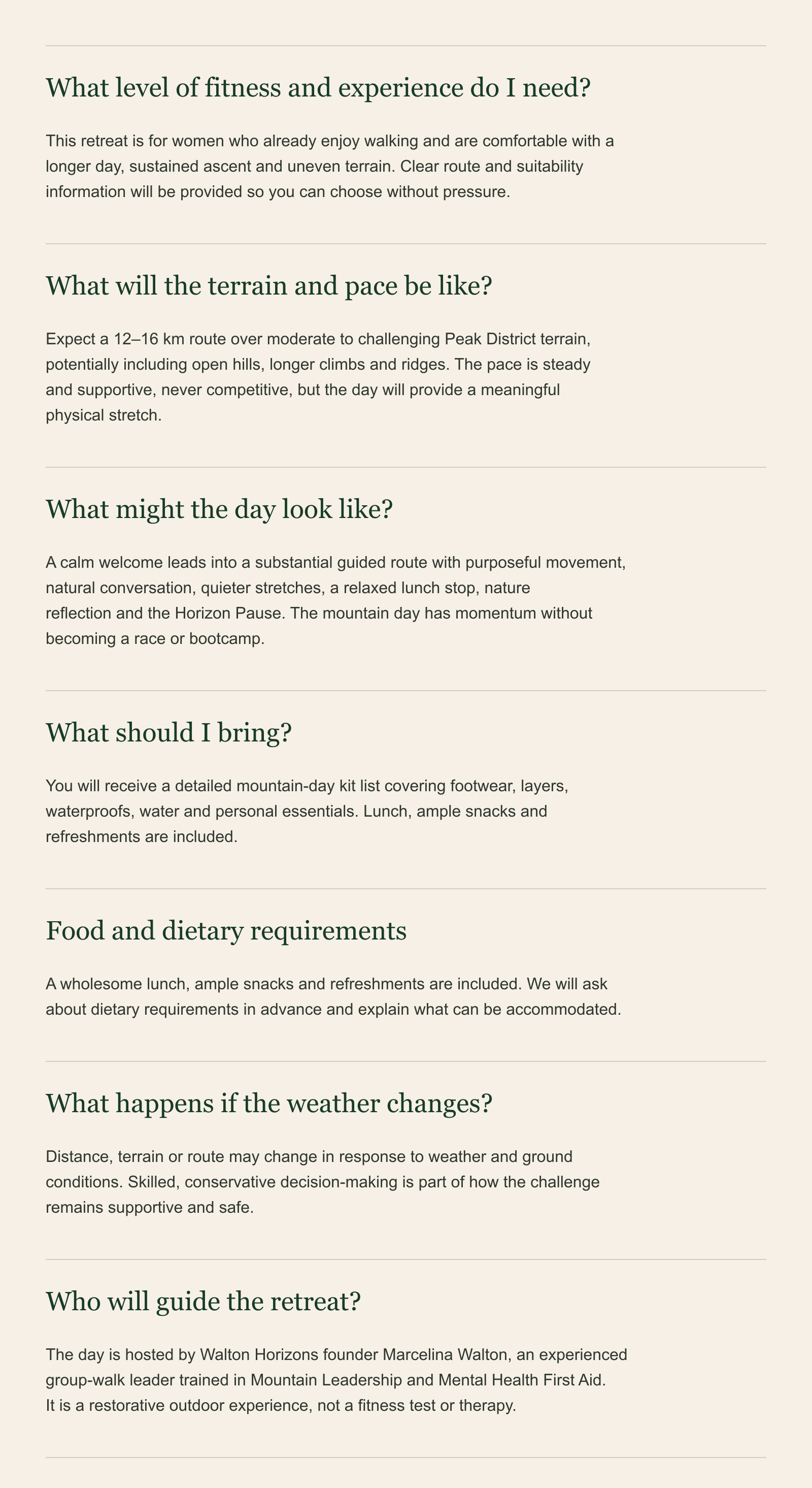 Text on a webpage about a mountain retreat for women, covering topics like fitness level, terrain, weather, gear, and guidance for the event.