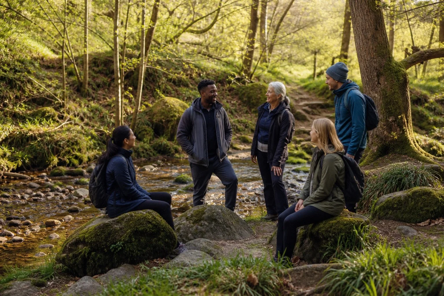 Group of six people outdoor in the woods, two sitting on rocks and four standing, engaged in conversation, around a creek, with trees and green foliage in the background.