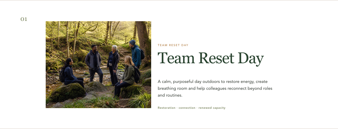 A group of six people in outdoor clothing having a conversation near rocks and trees in a forest setting.