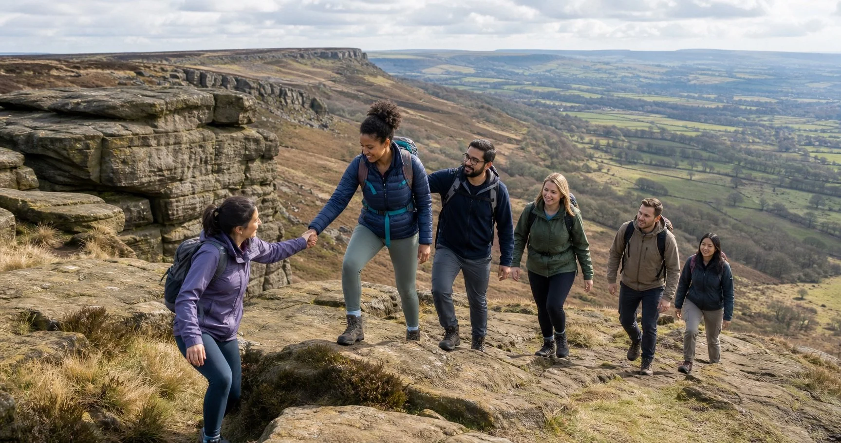 A group of six diverse hikers ascending a rocky hillside with scenic rolling hills and cliffs in the background, dressed in outdoor gear with backpacks, some smiling and helping each other.