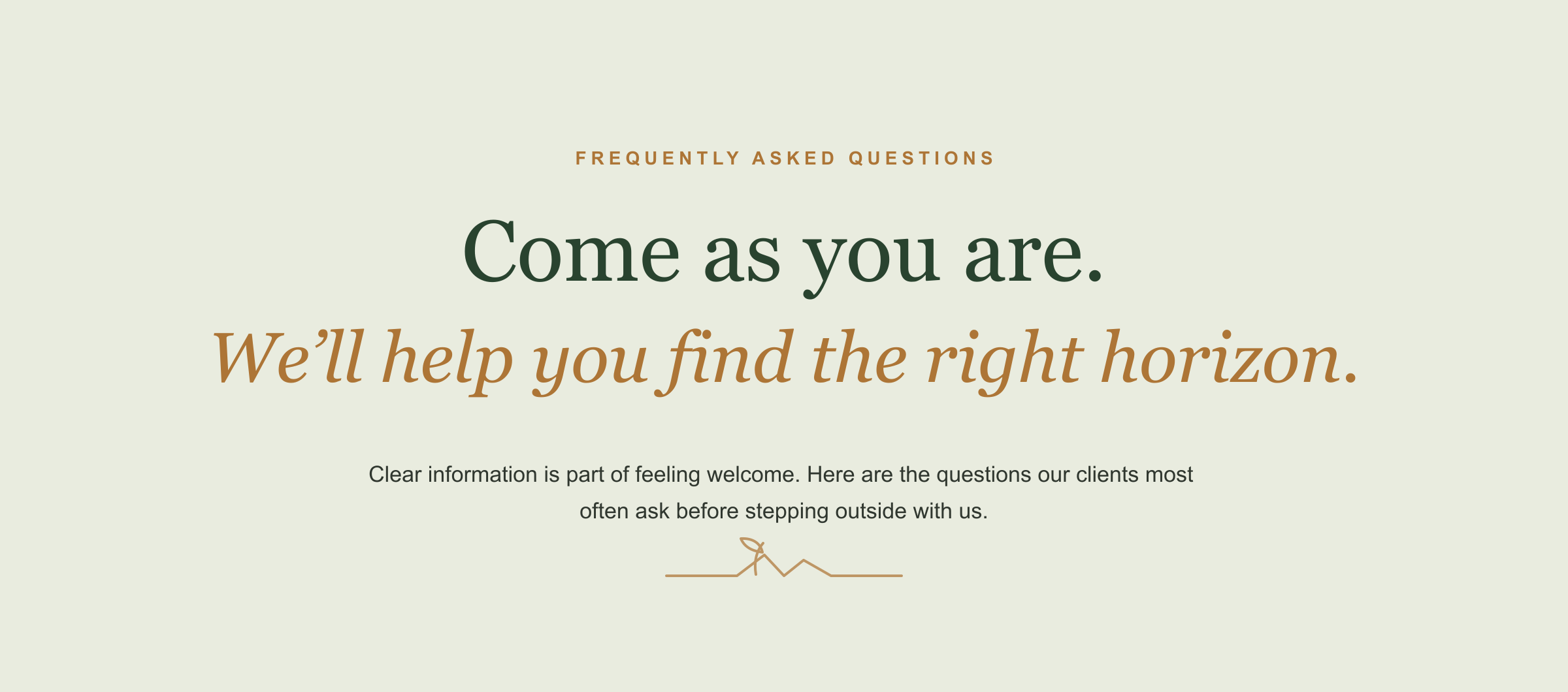 Text on a light background reading 'Frequently asked questions: Come as you are. We'll help you find the right horizon.'