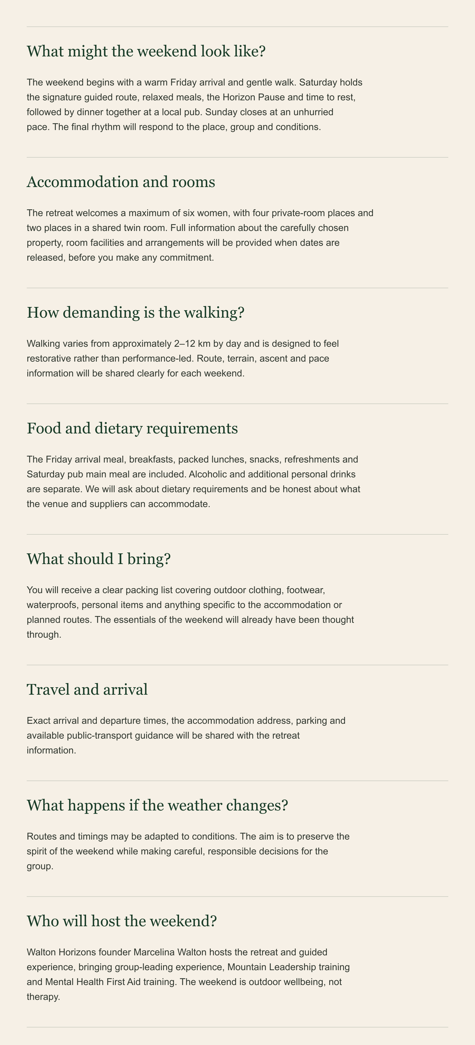 Screenshot of a webpage outlining the weekend retreat schedule, accommodations, activities, and guidelines. The text covers topics like arrival, walking, food, packing, travel, weather, and host information.