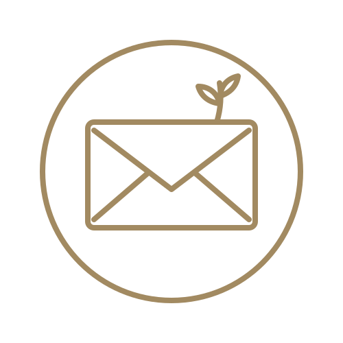 A minimalist icon of an envelope with a small plant sprout growing from it, enclosed in a circle.