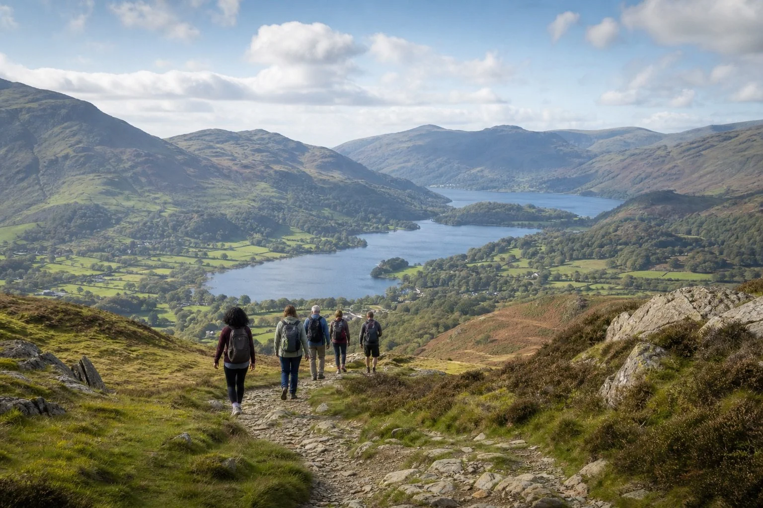 Group of hikers walking along a trail on a hillside overlooking a lake in a valley surrounded by mountains.