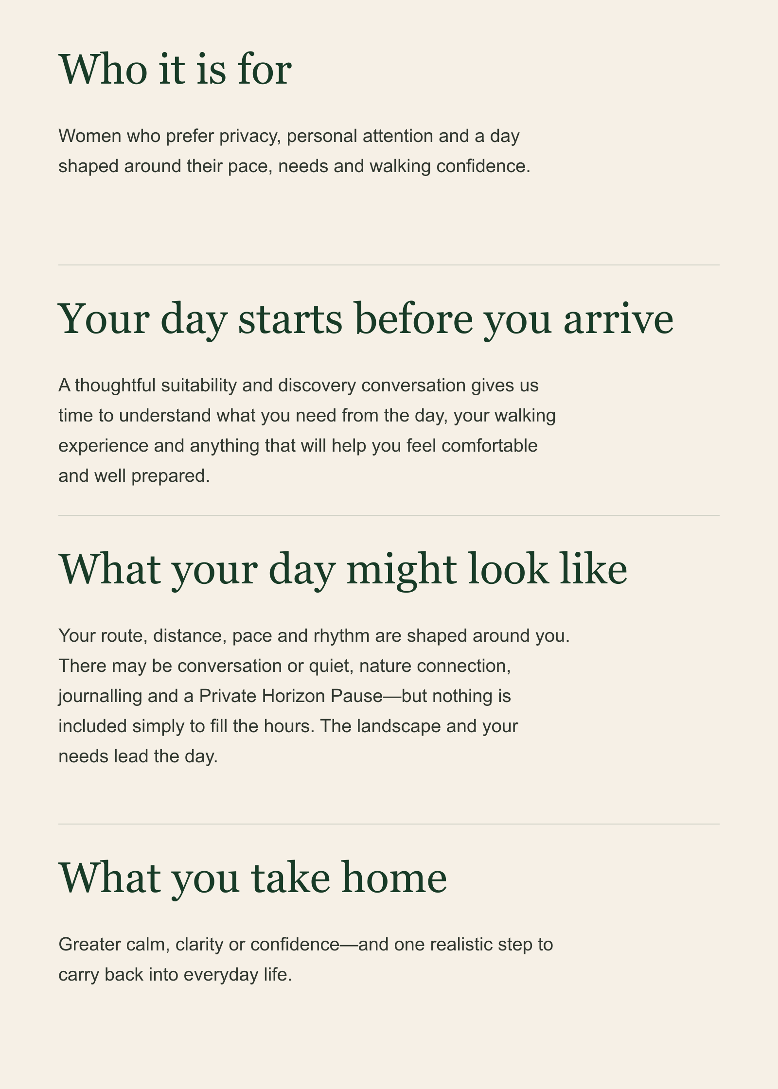 A webpage with various sections of text about preparing for a walk, including titles and descriptions, on a light beige background with dark green text and headings.