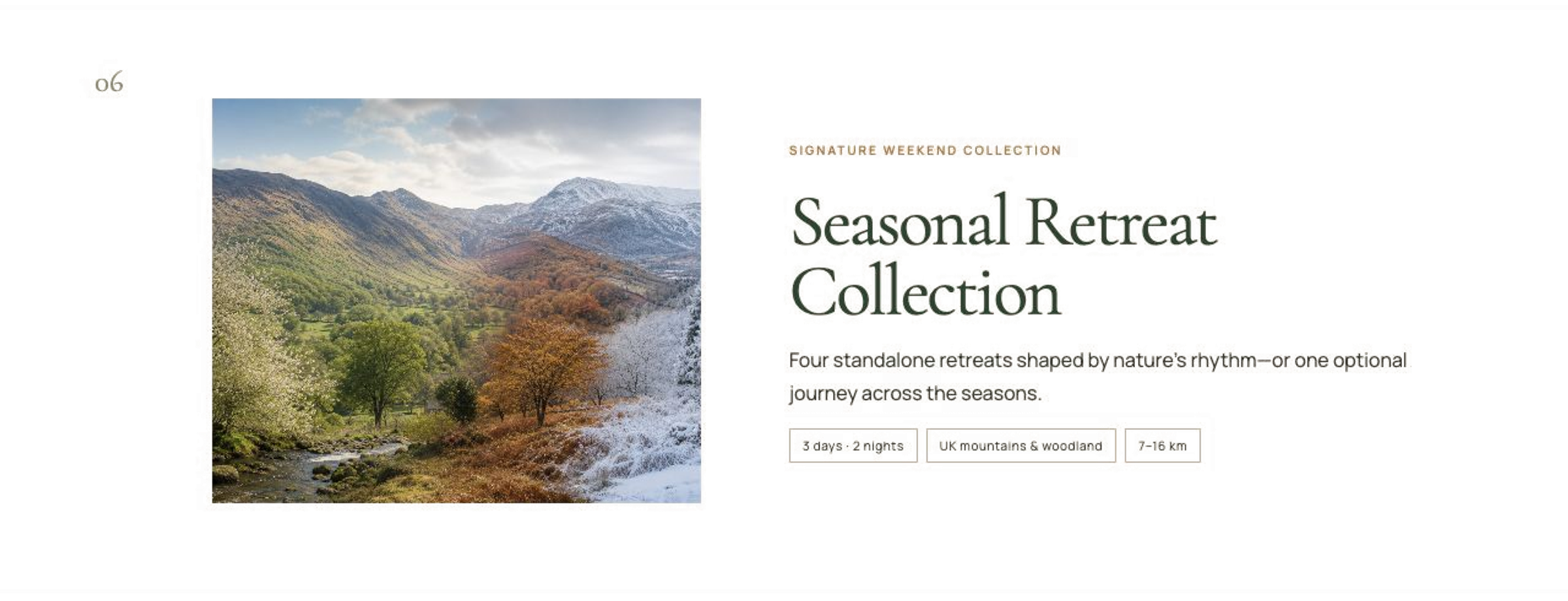 A promotional website for a seasonal retreat collection featuring a scenic mountain landscape with trees in autumn colors, a river, and snow-capped peaks.