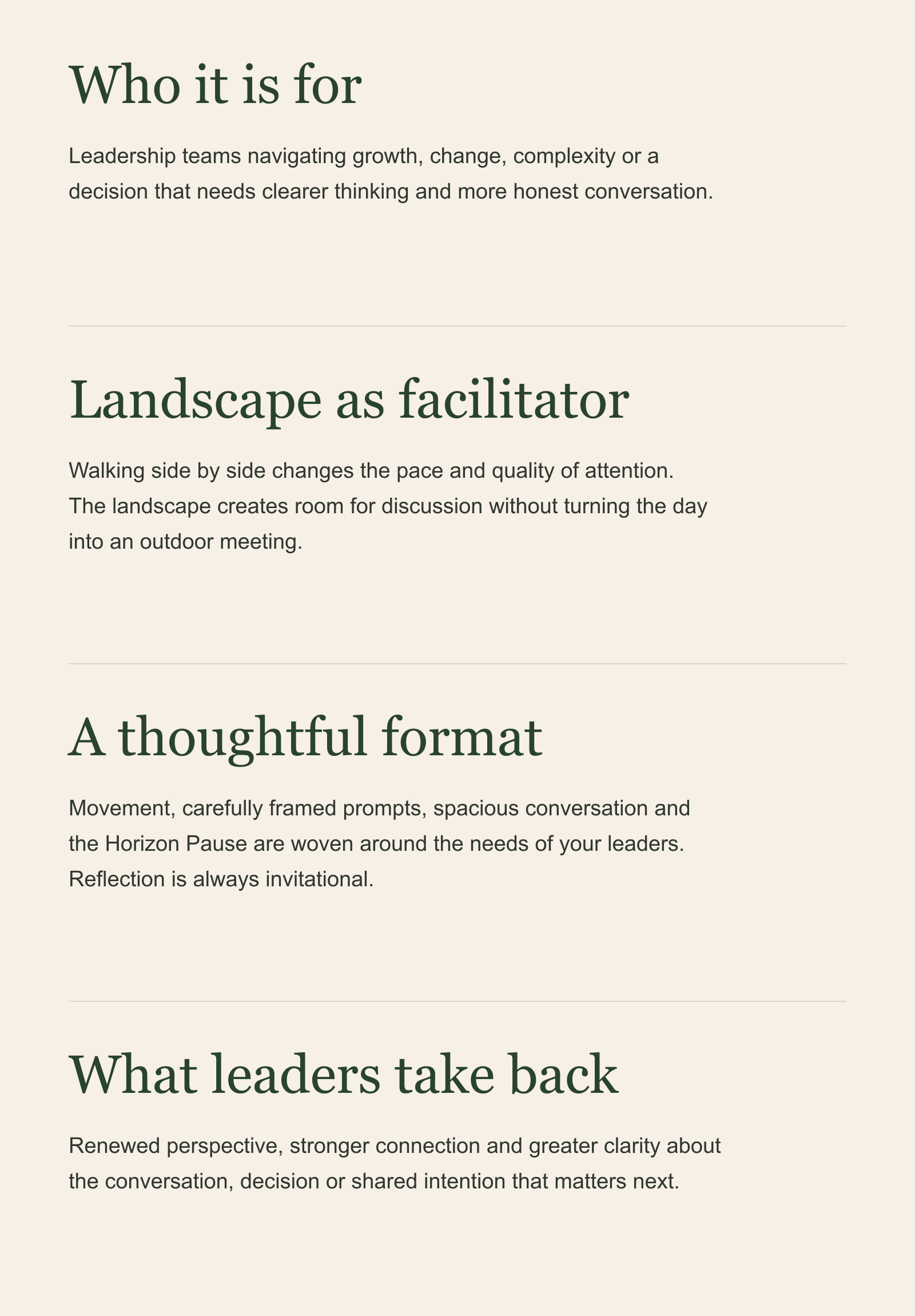 A webpage with sections discussing leadership, landscape, and clarity in communication, featuring headings and paragraphs on these topics.