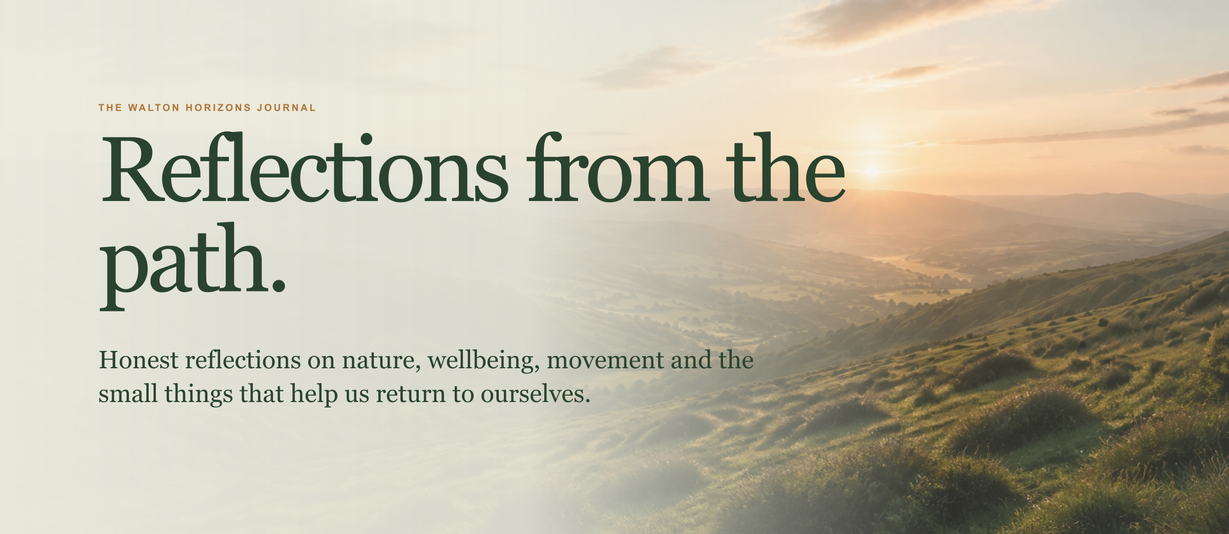 Sunset over green hills with a mix of clouds and clear sky, promoting thoughtful reflections.