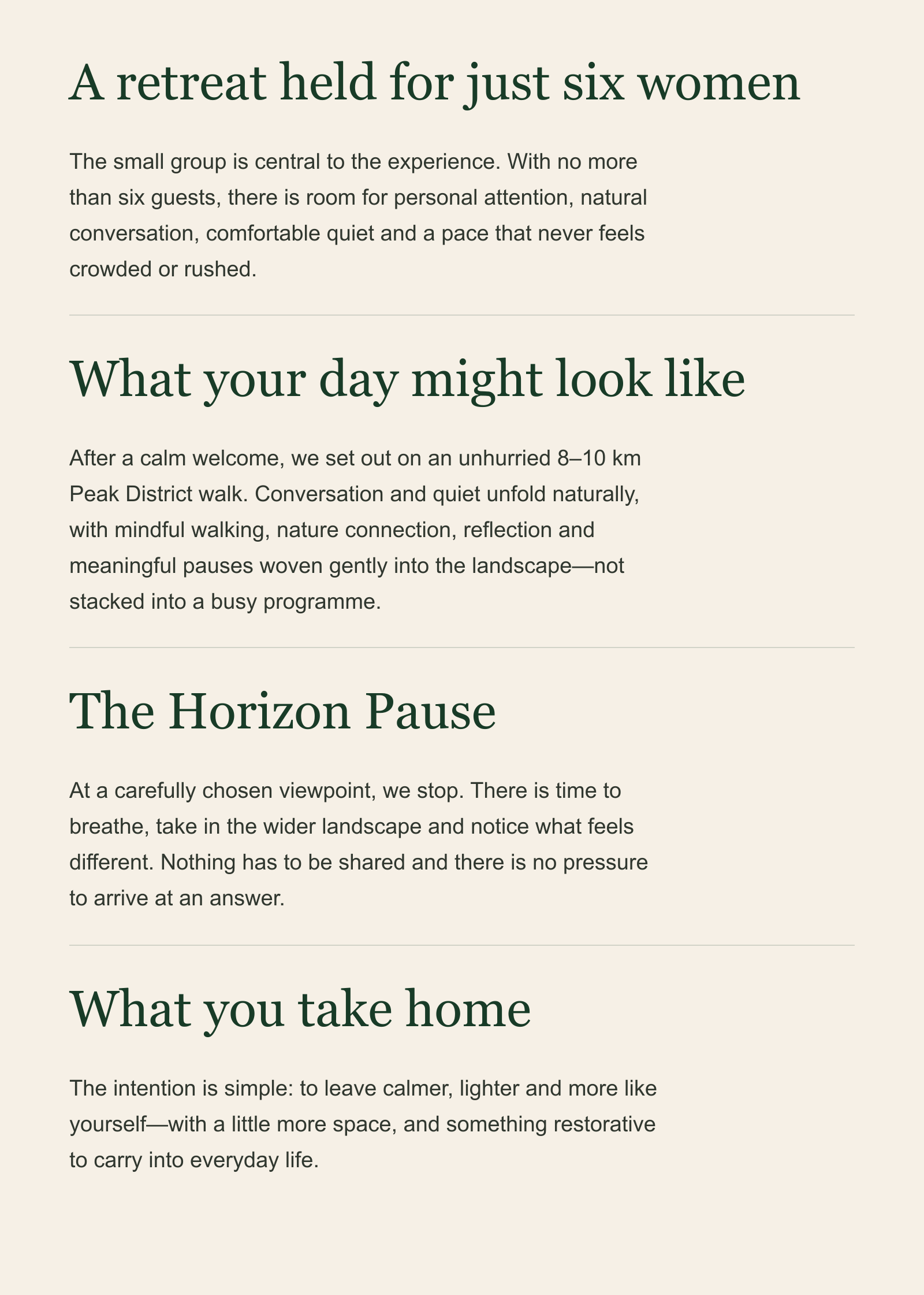 Text-heavy webpage with titles and paragraphs discussing a retreat for women, a walk in the Peak District, and leave-taking, set on a light background with dark green text.