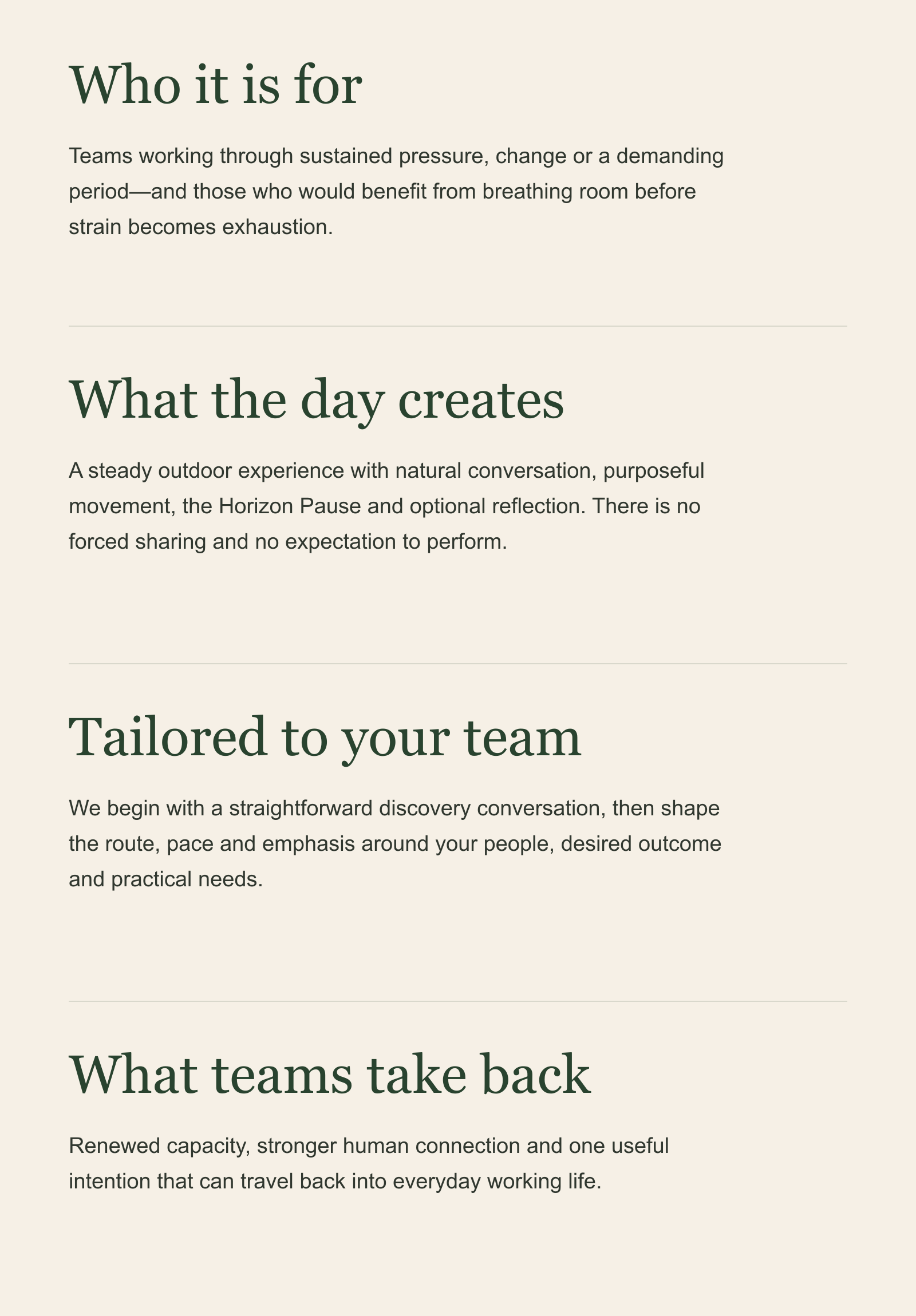Web page with headings and text discussing team building, outdoor experiences, and human connection.