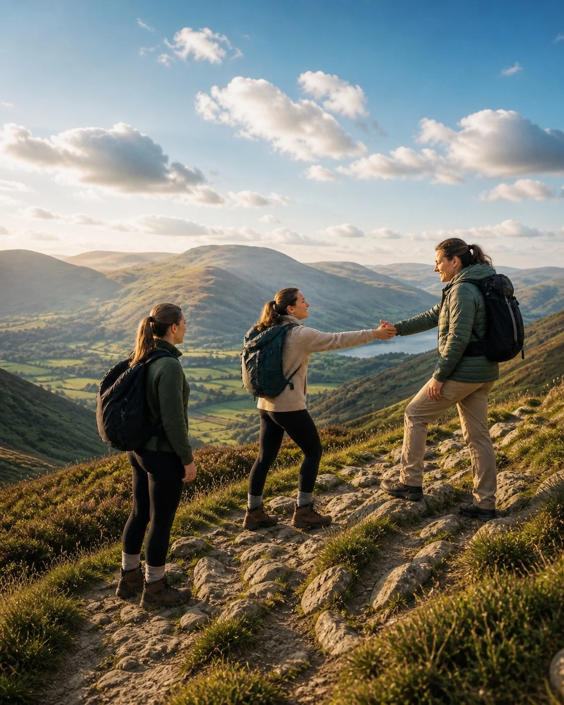 Three women with backpacks hiking on a mountain trail, one woman is helping another across a rocky part of the trail with a scenic valley and mountains in the background during sunset.