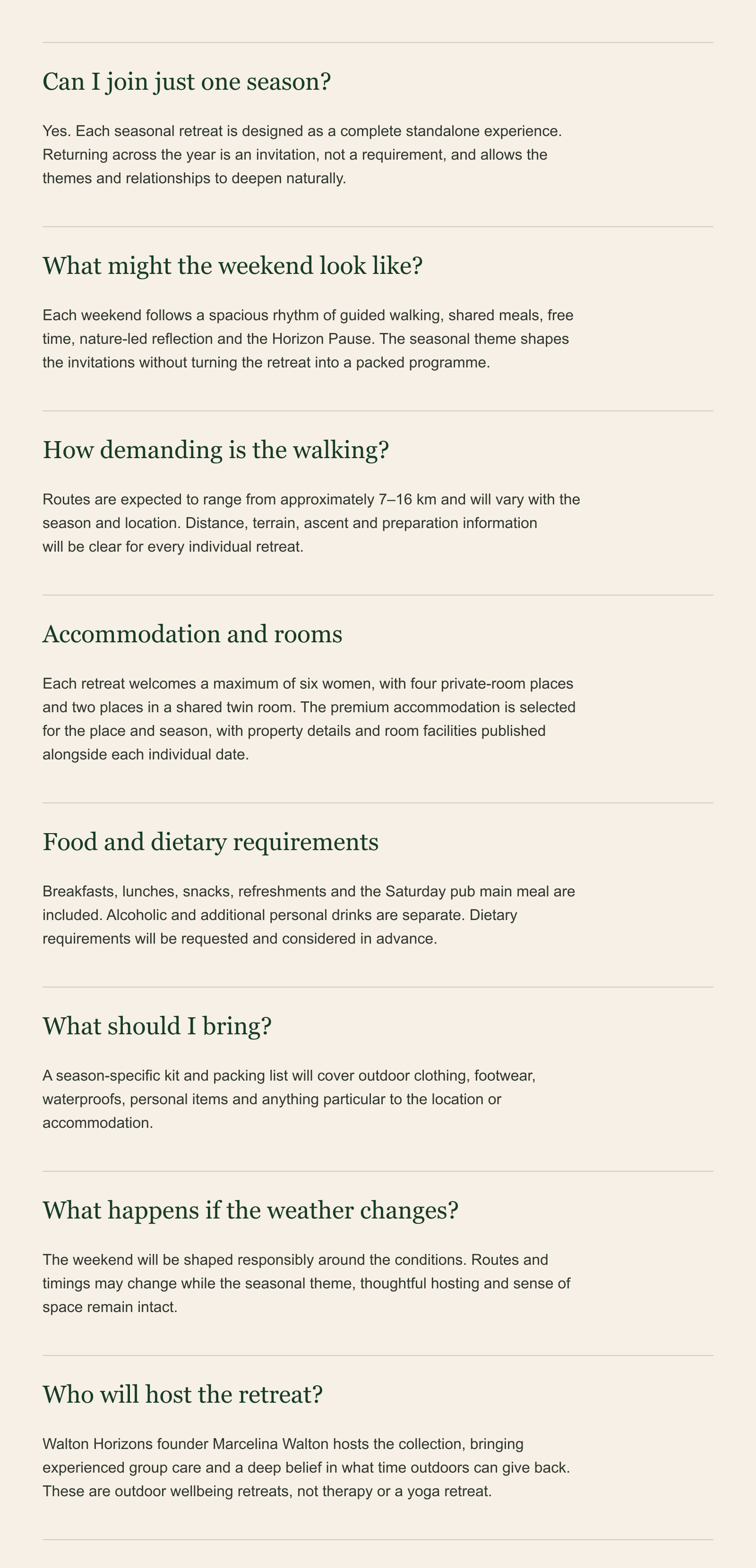 A webpage with text about outdoor wellness retreats, including information on joining seasons, weekend activities, walking routes, accommodation, food, packing tips, weather considerations, and hosting details.