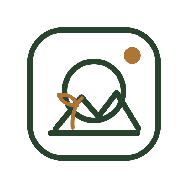 An outdoor camping scene with a tent, a campfire, and a tree, depicted in a minimalist, line art style.